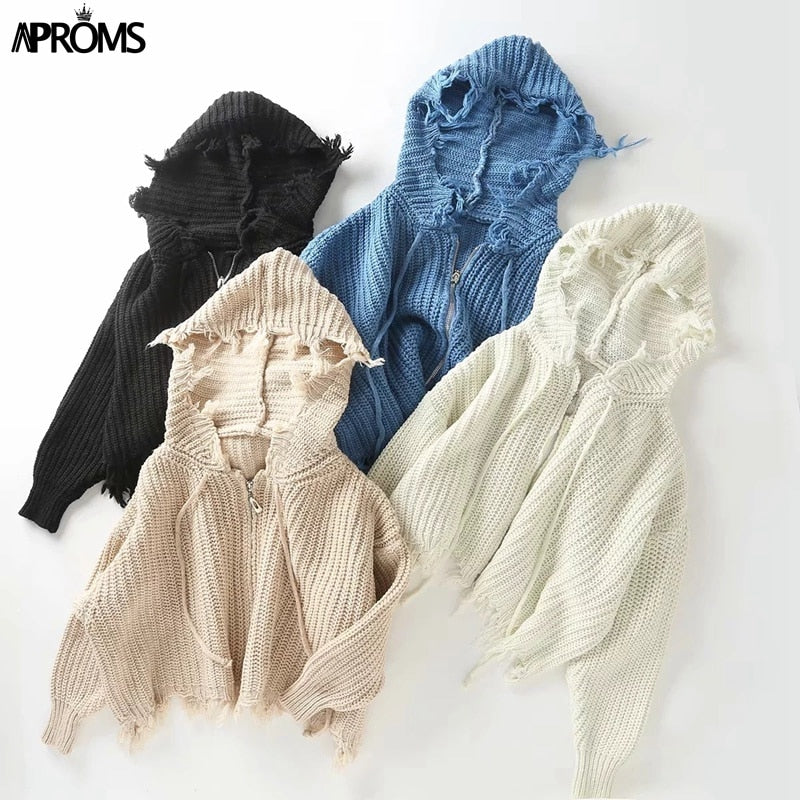 Christmas Gift Aproms Casual Tassel Hooded Knitted Sweater Women Zipper Loose Cropped Cardigans Deanwangkt Winter Coat Cool Gilrs Streetwear Jumper - Deanwangkt