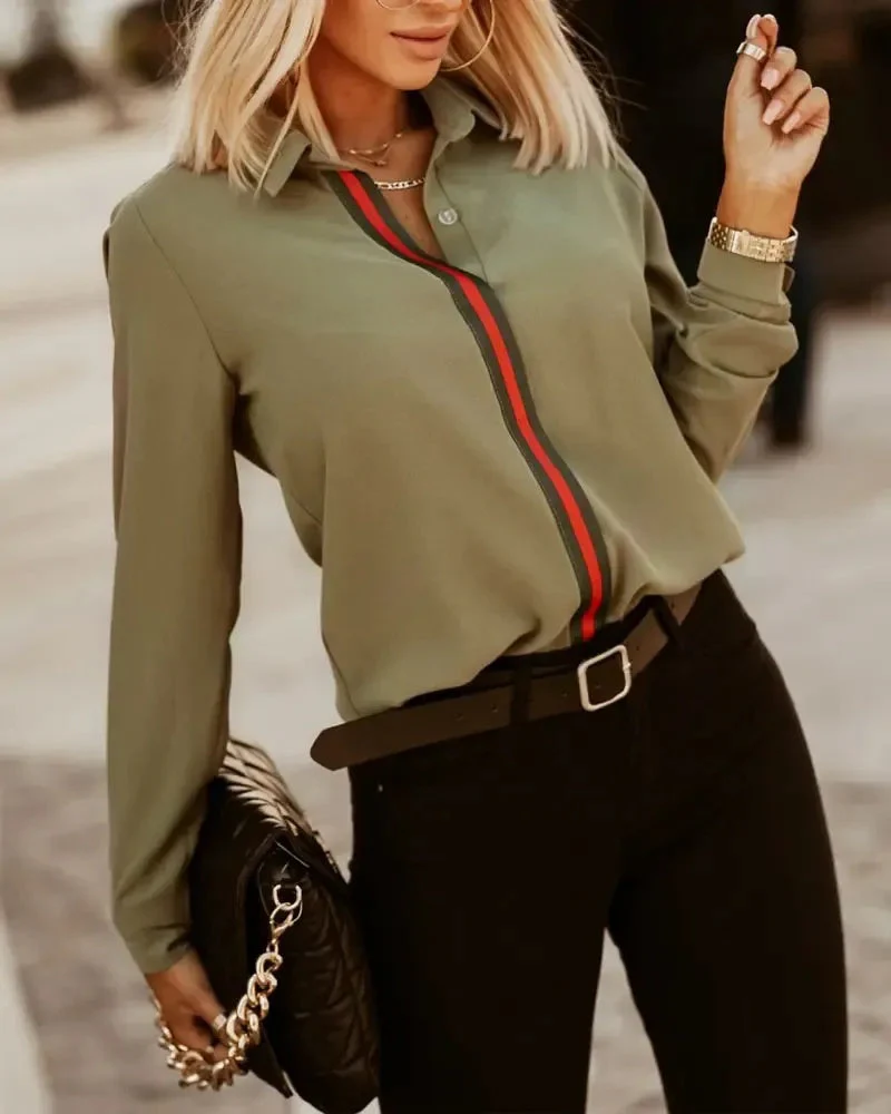 Deanwangkt - Striped Trim Long Sleeve Button Down Shirt - Deanwangkt