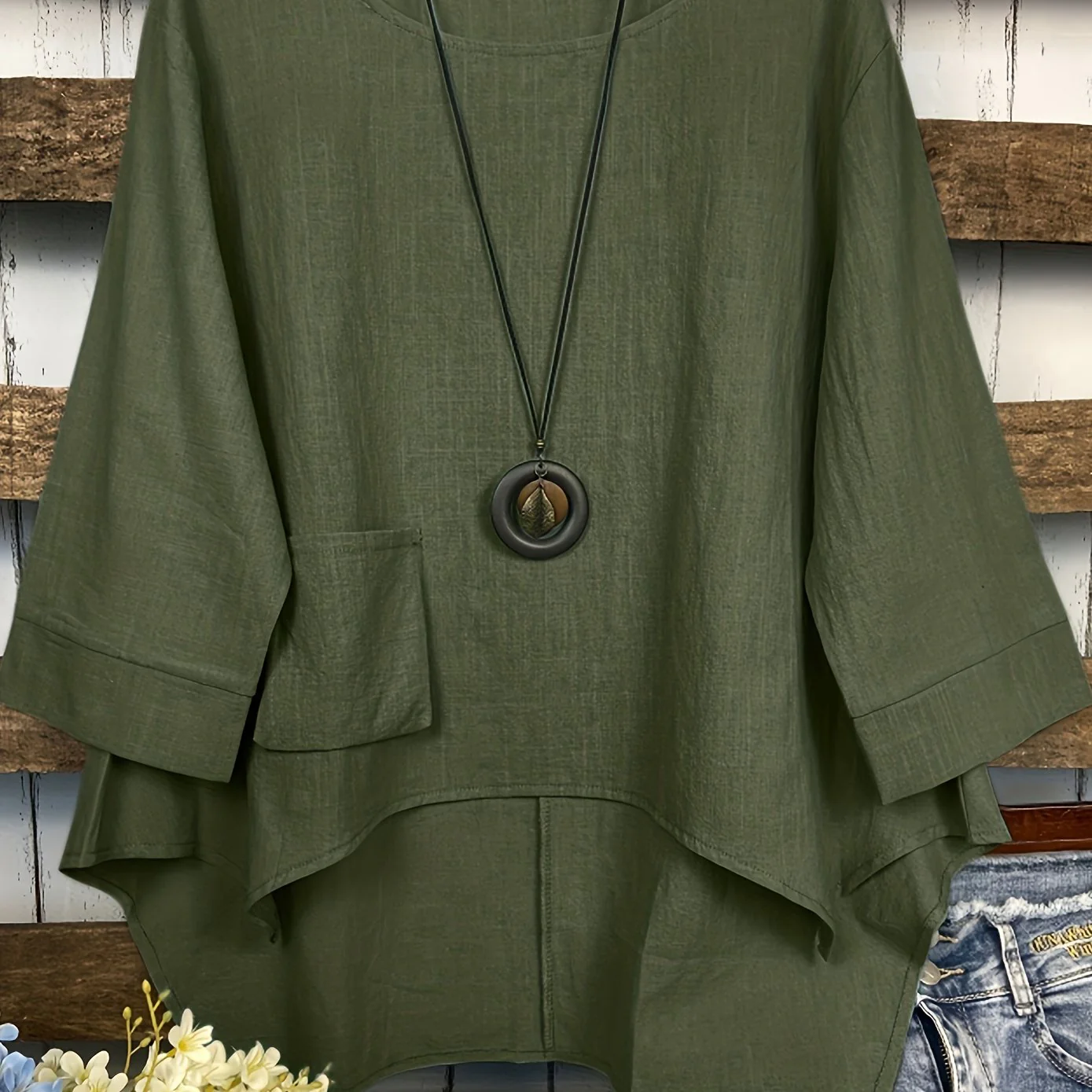 Dipped Hem Solid Blouse, Asymmetrical Crew Neck Loose Casual Blouse, Women's Clothing - Deanwangkt