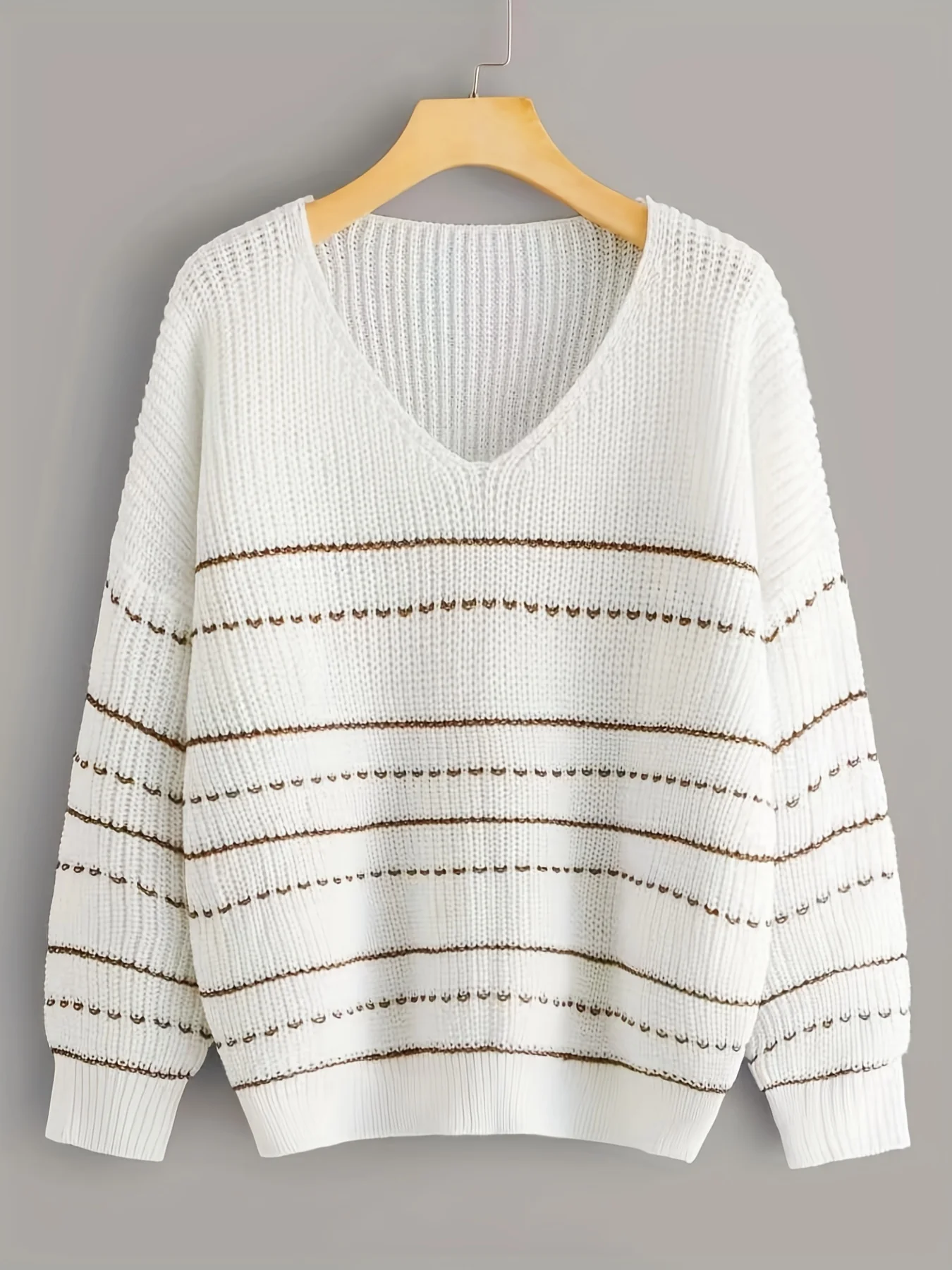 deanwangkt-1  Striped Print Knit Sweater, Casual V Neck Long Sleeve Sweater, Women's Clothing - Deanwangkt