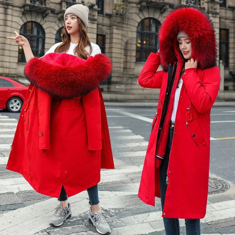 Christmas Gift Deanwangkt New Women Winter Jacket Long Coat Casual Parkas Removable Fur Lining Hooded Parka Cotton Thicken Warm Jacket Mujer Coats - Deanwangkt