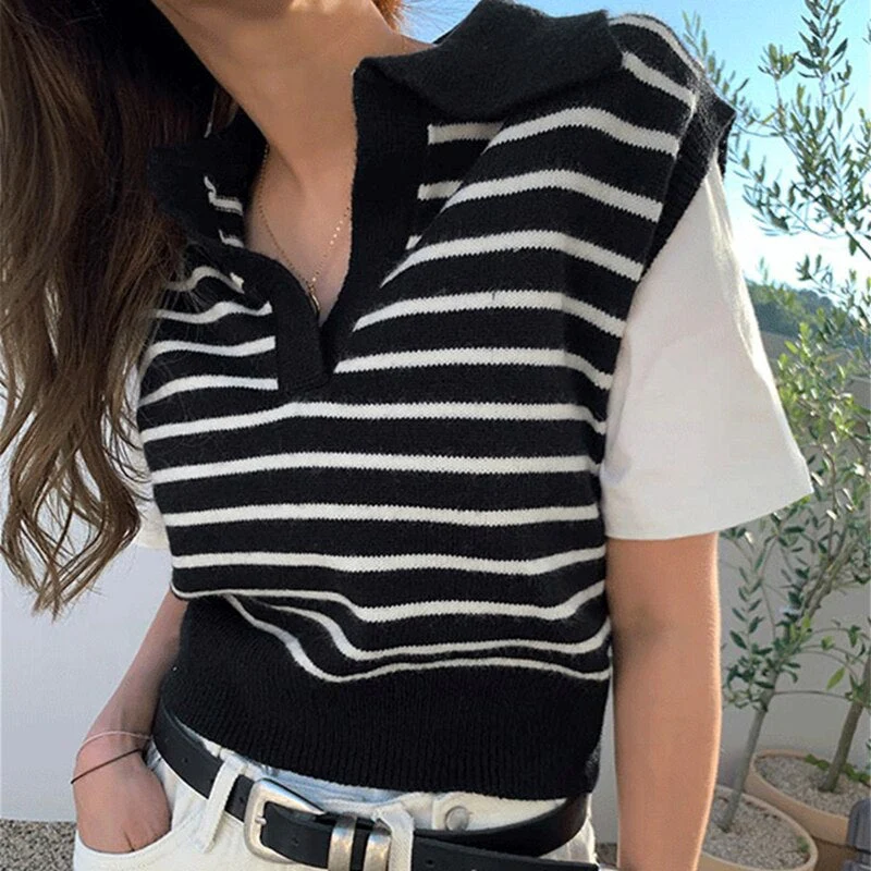 Christmas Gift Deanwangkt New Spring Autumn Women Sweaters Pullovers Striped Sleeveless Knitted POLO Collar Wild Short Vests SWV3092JX - Deanwangkt
