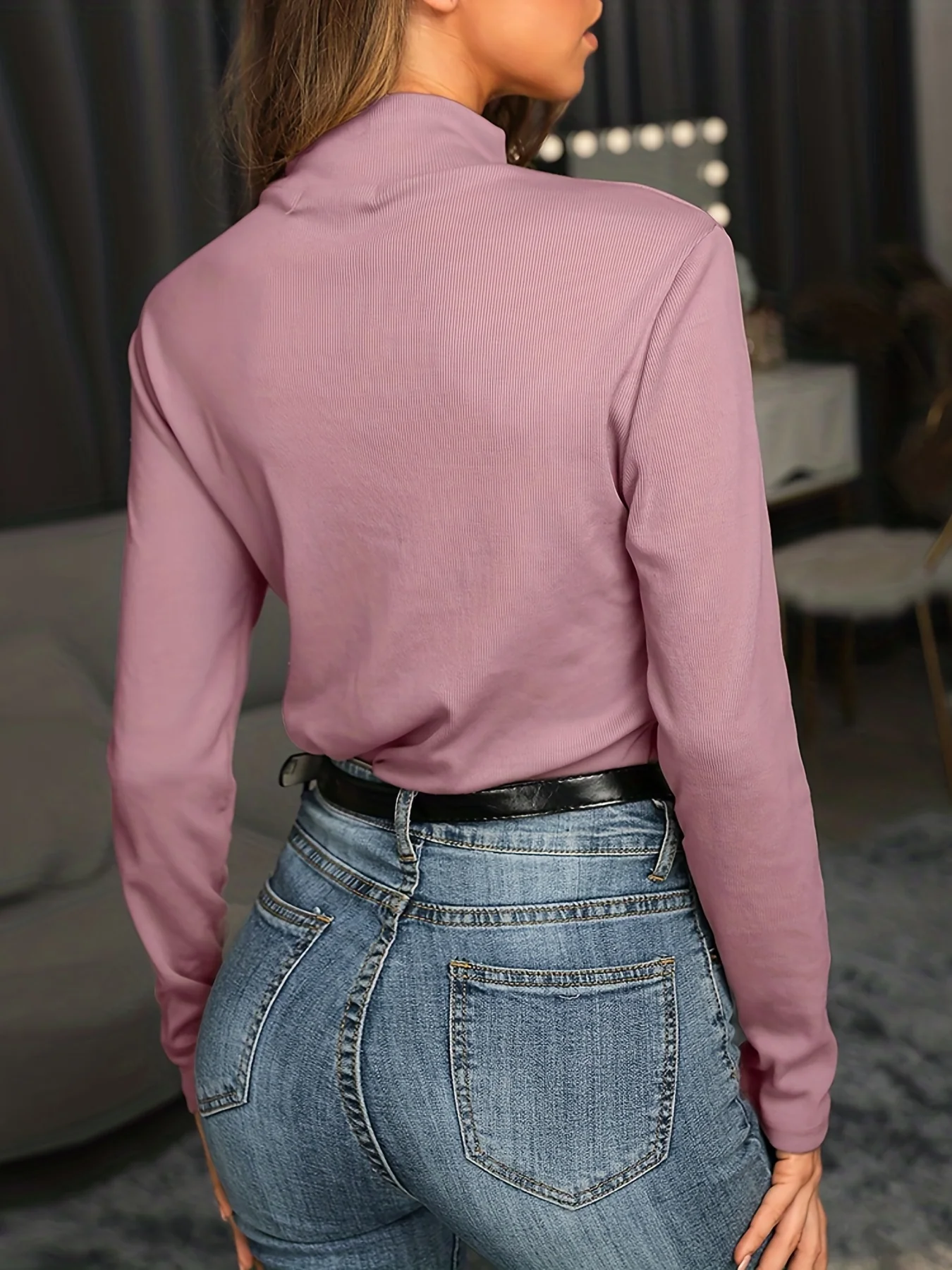 deanwangkt-1  Solid Turtle Neck Knitted Top, Casual Long Sleeve Button Versatile Sweater, Women's Clothing - Deanwangkt