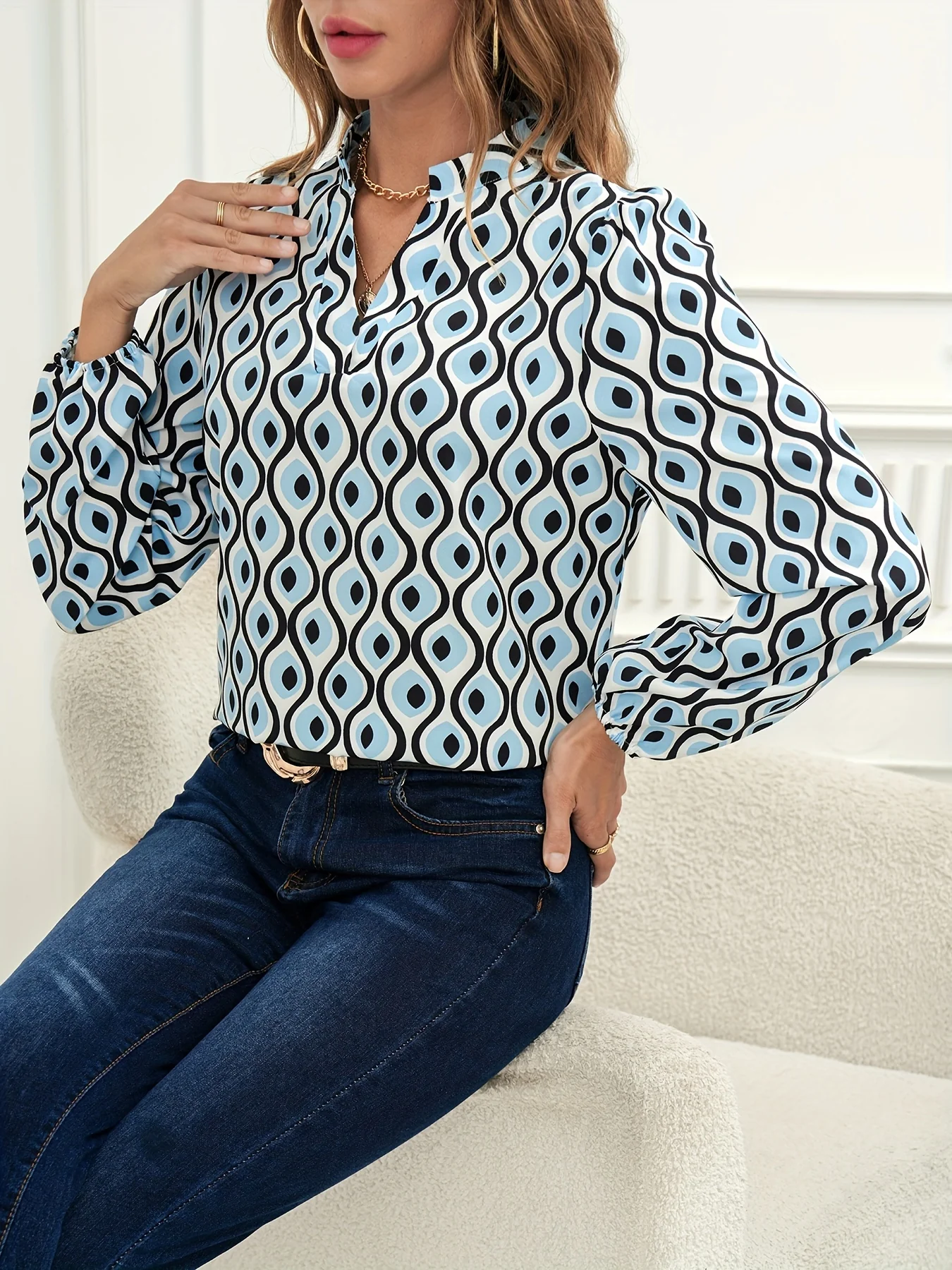 Ogee Print Blouse, Casual V Neck Long Sleeve Versatile Blouse, Women's Clothing - Deanwangkt
