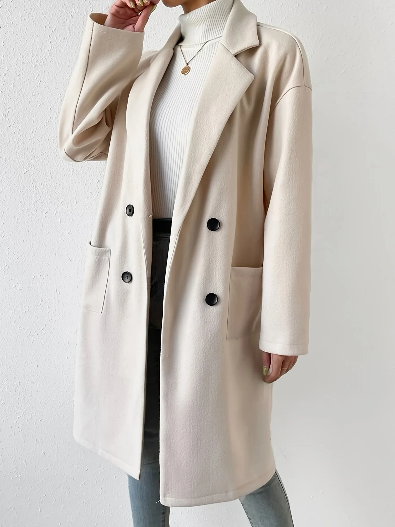 deanwangkt-1  Double Breasted Solid Overcoat, Elegant Lapel Long Sleeve Outerwear, Women's Clothing - Deanwangkt