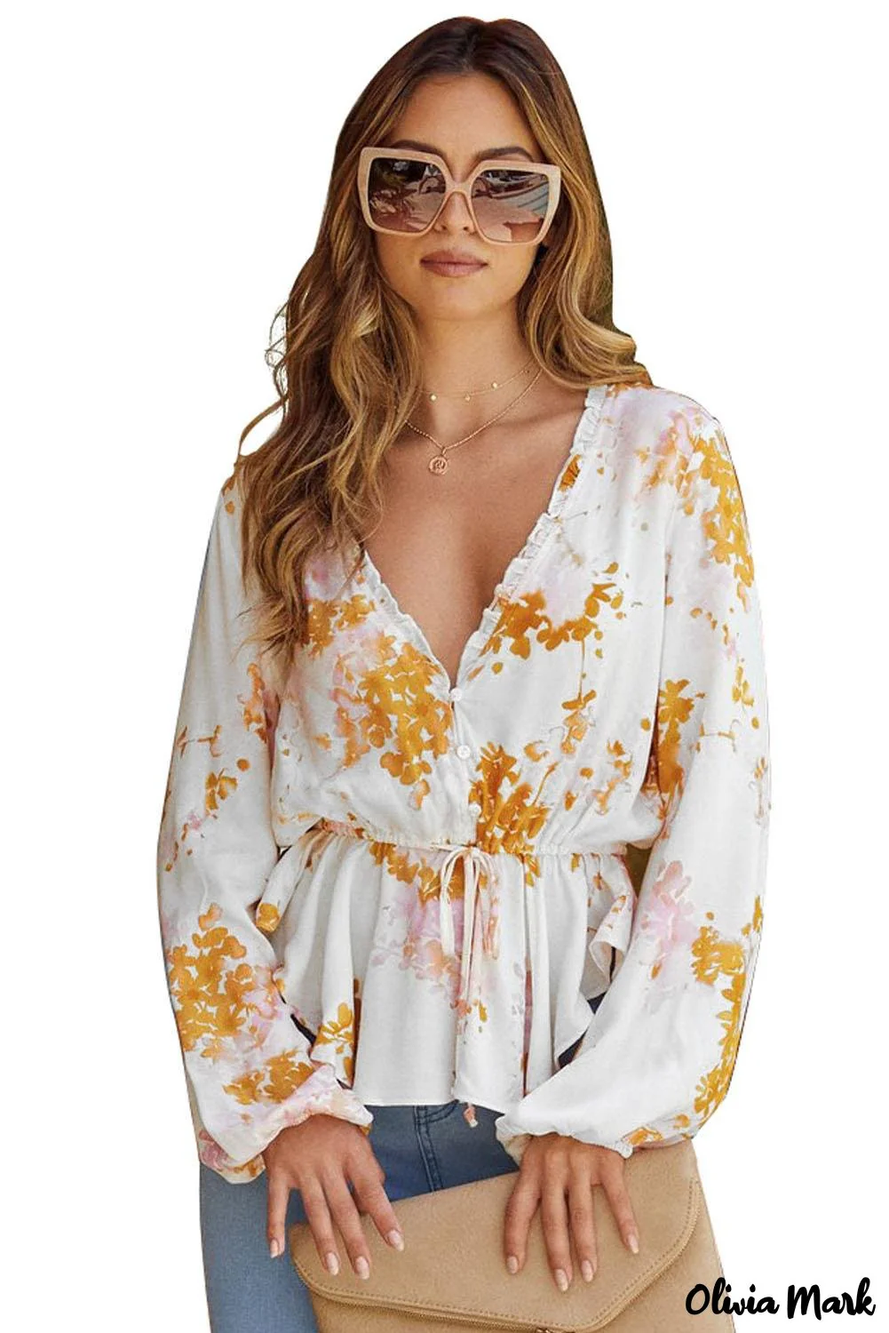 Deanwangkt - Floral V-Neck Ruffle Tie Waist Puff Sleeve Blouse - Deanwangkt