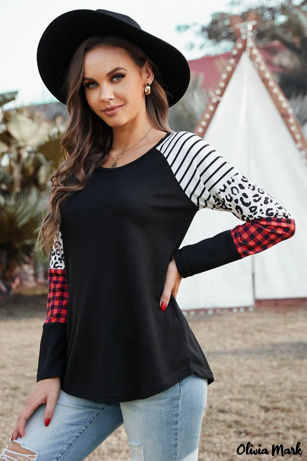 Deanwangkt - Black Waffle Knit Printed Crew Neck Blouse - Deanwangkt