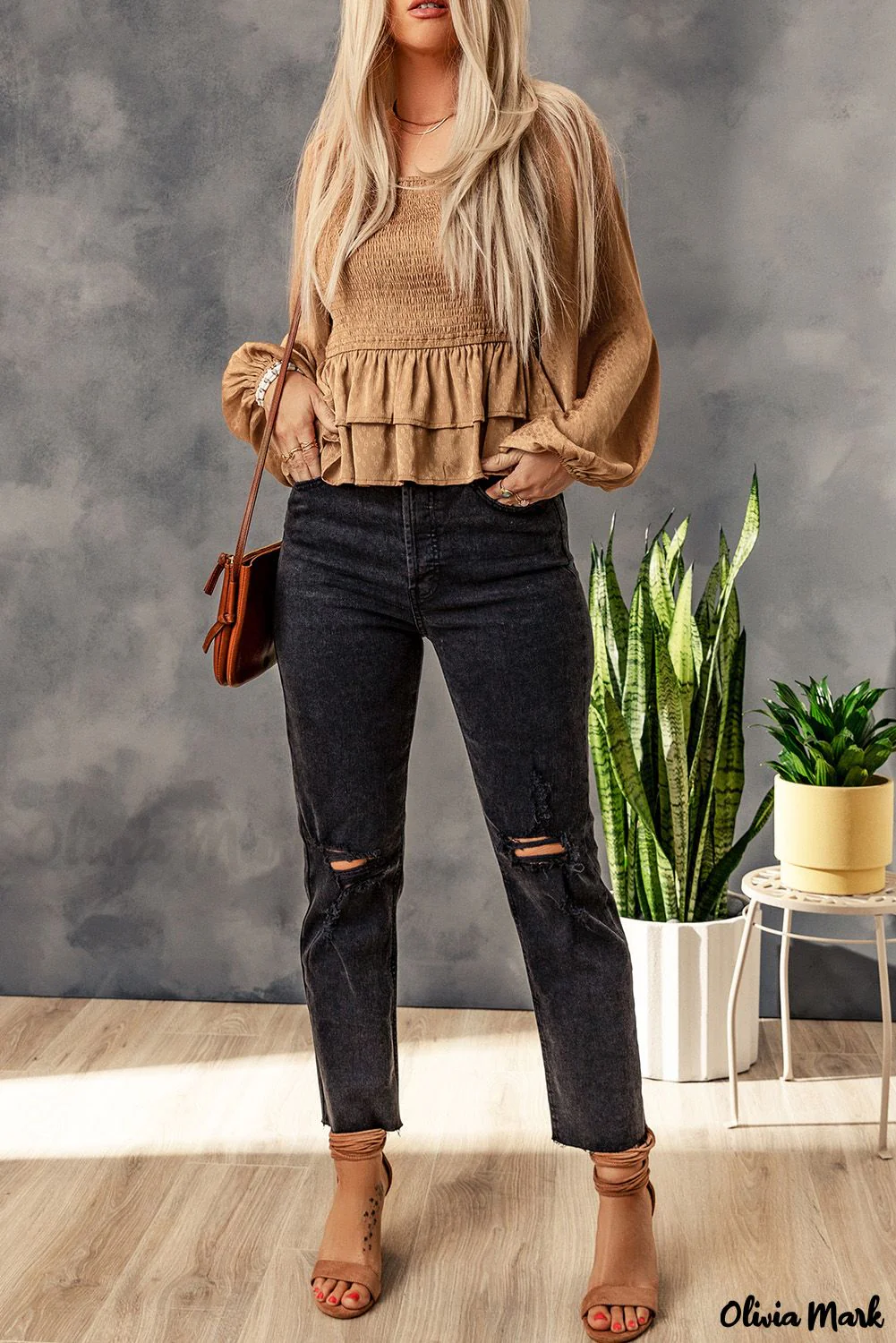 Deanwangkt - Brown Floral Ruched Ruffle Square Neck Blouse - Deanwangkt