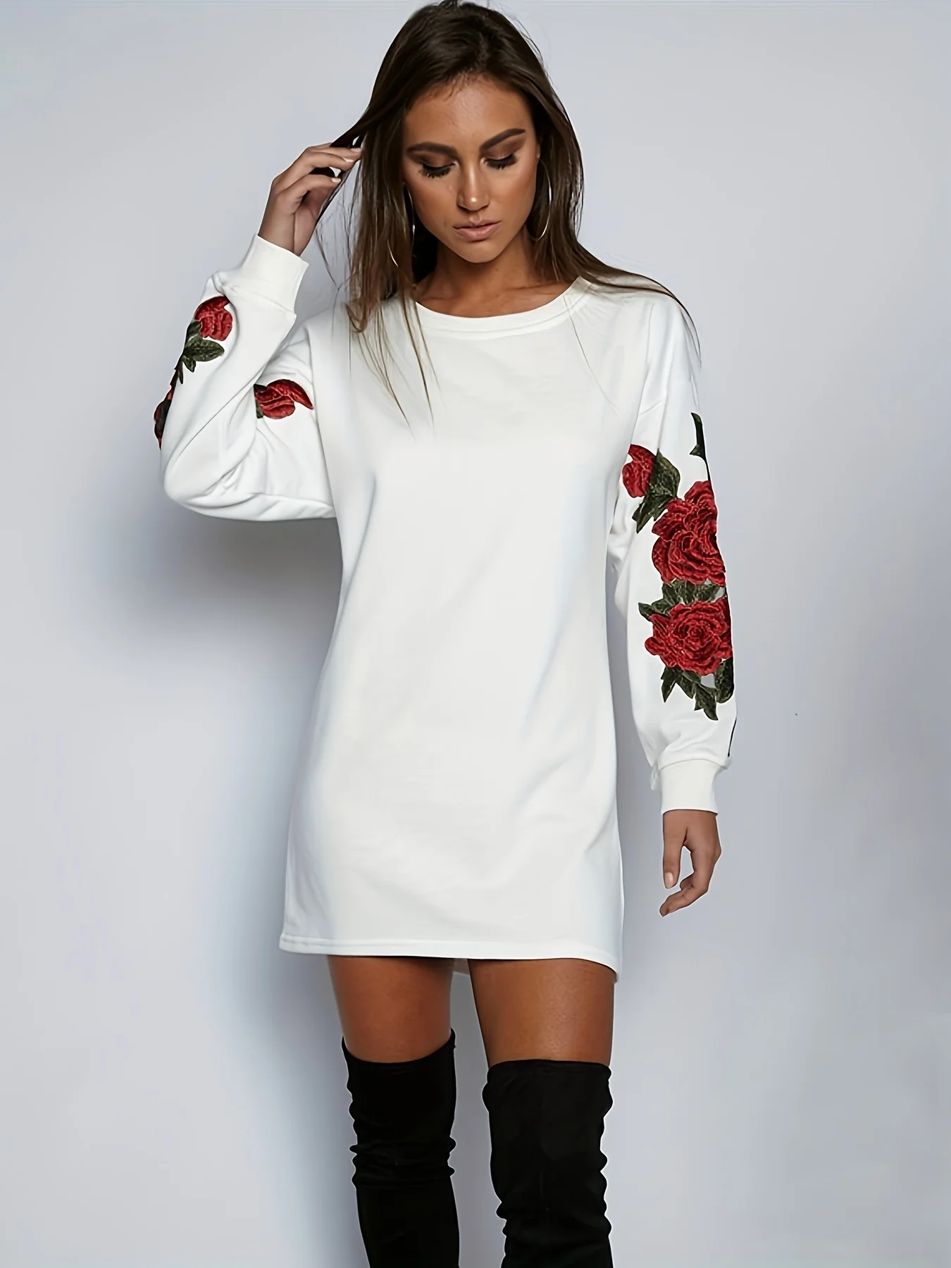deanwangkt-1  Floral Winter Casual Dress, Crew Neck Long Sleeve Mini Dress, Women's Clothing - Deanwangkt