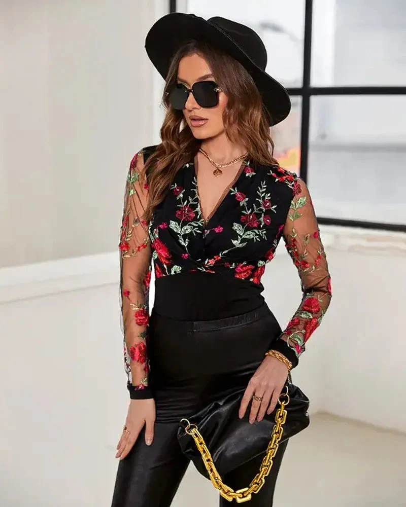 Deanwangkt - Sheer tulle long sleeve top with floral embroidery - Deanwangkt