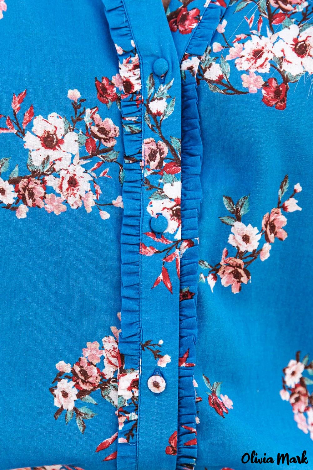 Deanwangkt - Blue Floral Print Button Up Puff Sleeve Blouse - Deanwangkt