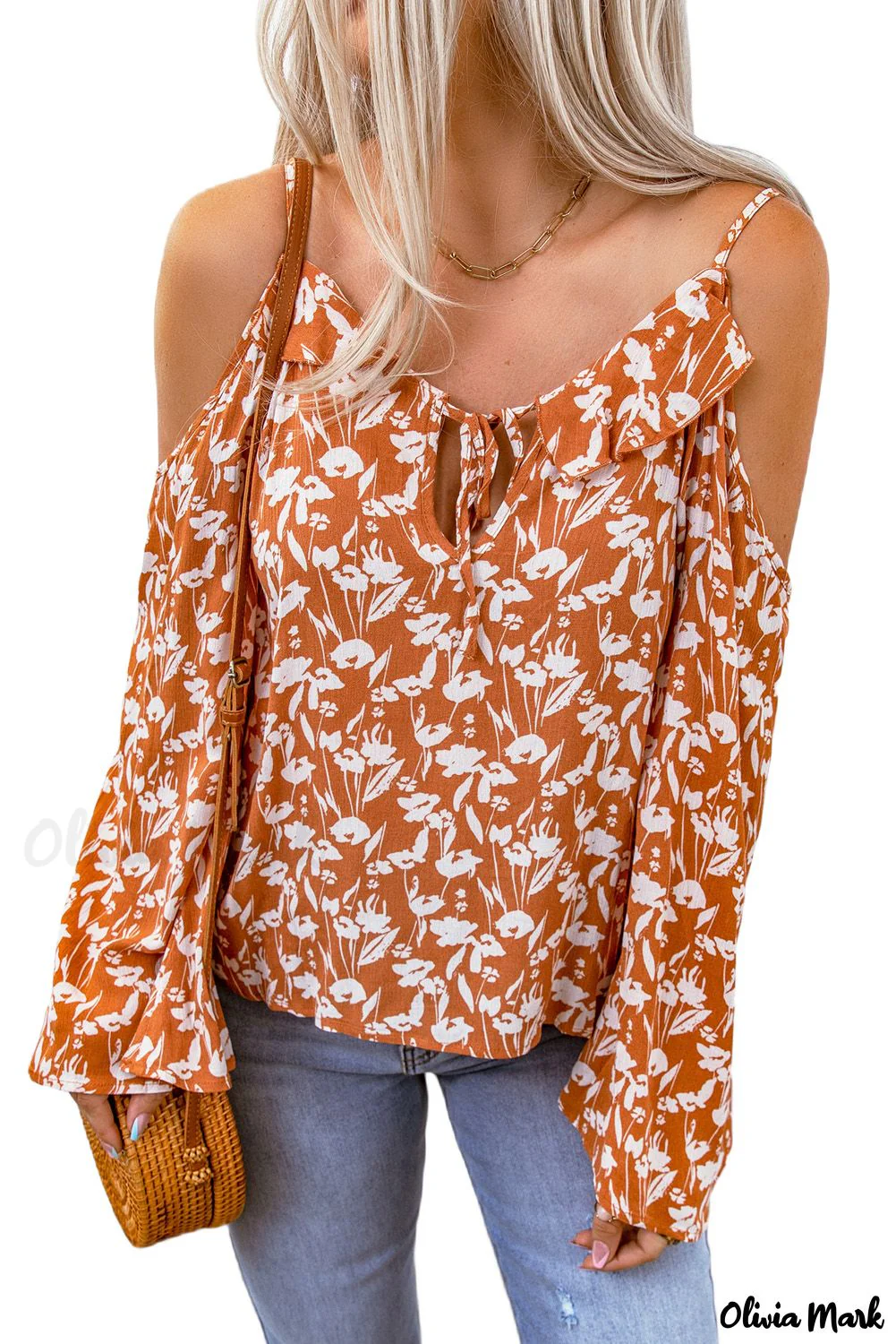Deanwangkt - Orange Floral Tie Neck Off Shoulder Flare Sleeve Blouse - Deanwangkt
