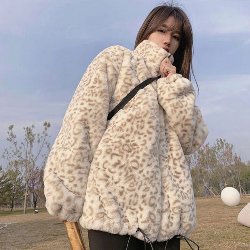 Christmas Gift Deanwangkt new winter Korean zipper top lamb leopard plush short coat imitation Rex Rabbit Fur grass fur coat female - Deanwangkt