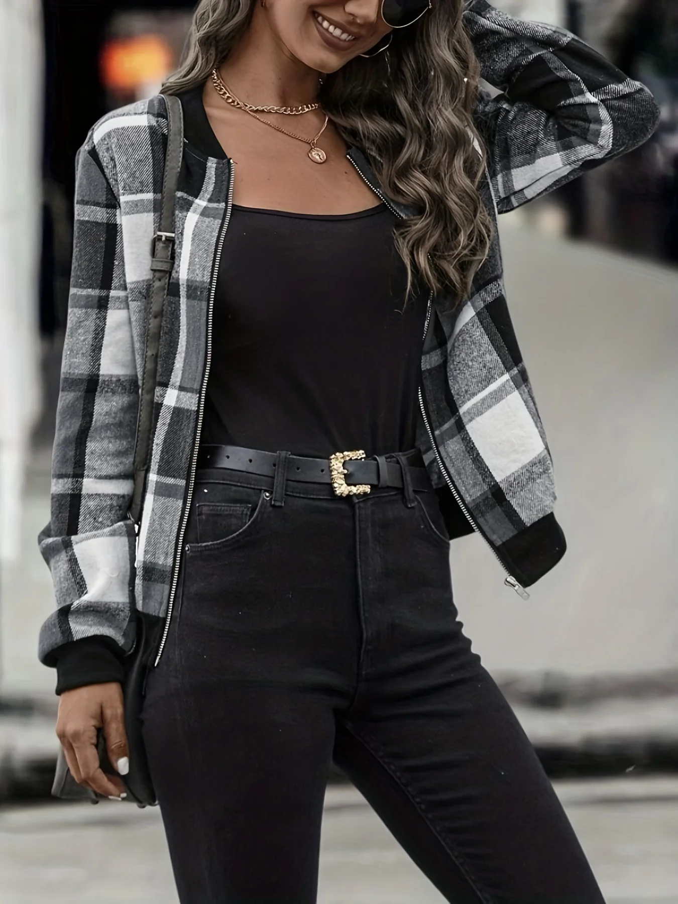 deanwangkt-1  Plaid Print Bomber Jacket, Casual Zip Up Long Sleeve Outerwear, Women's Clothing - Deanwangkt