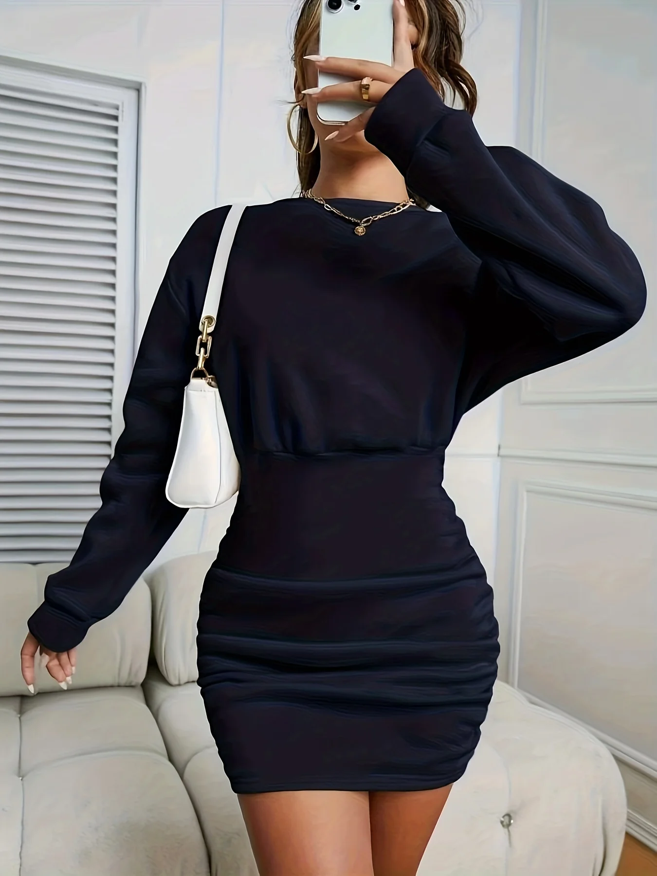 deanwangkt-1  Solid Ruched Crew Neck Dress, Casual Long Sleeve Bodycon Dress, Women's Clothing - Deanwangkt