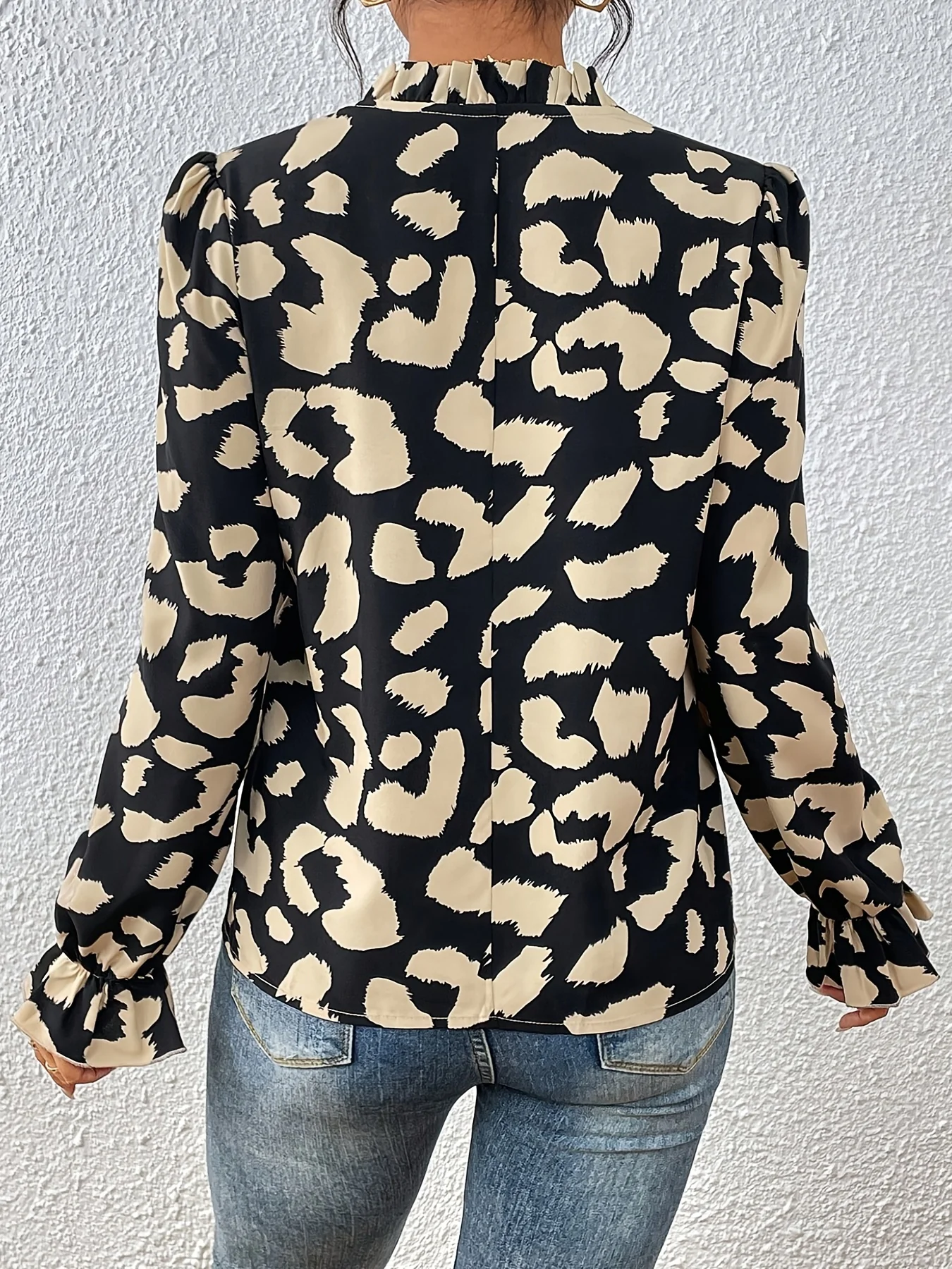 Allover Print Notched Neck Blouse, Casual Flounce Sleeve Blouse For Spring & Fall, Women's Clothing - Deanwangkt