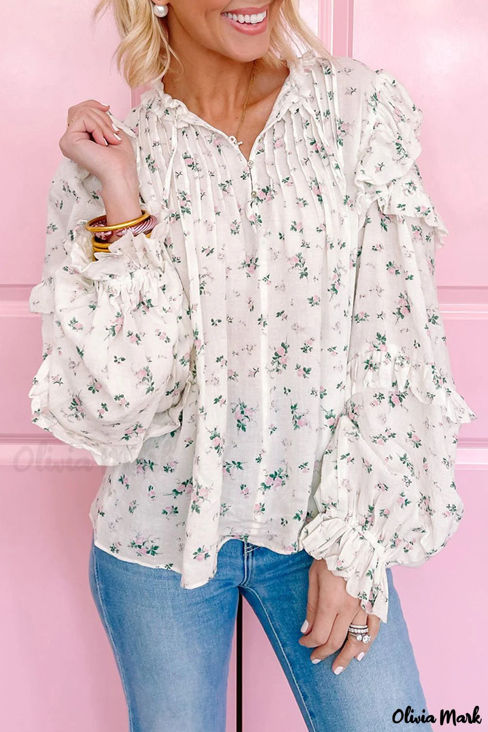 Deanwangkt - White Floral Ruffled Ruffled Floral Blouse - Deanwangkt