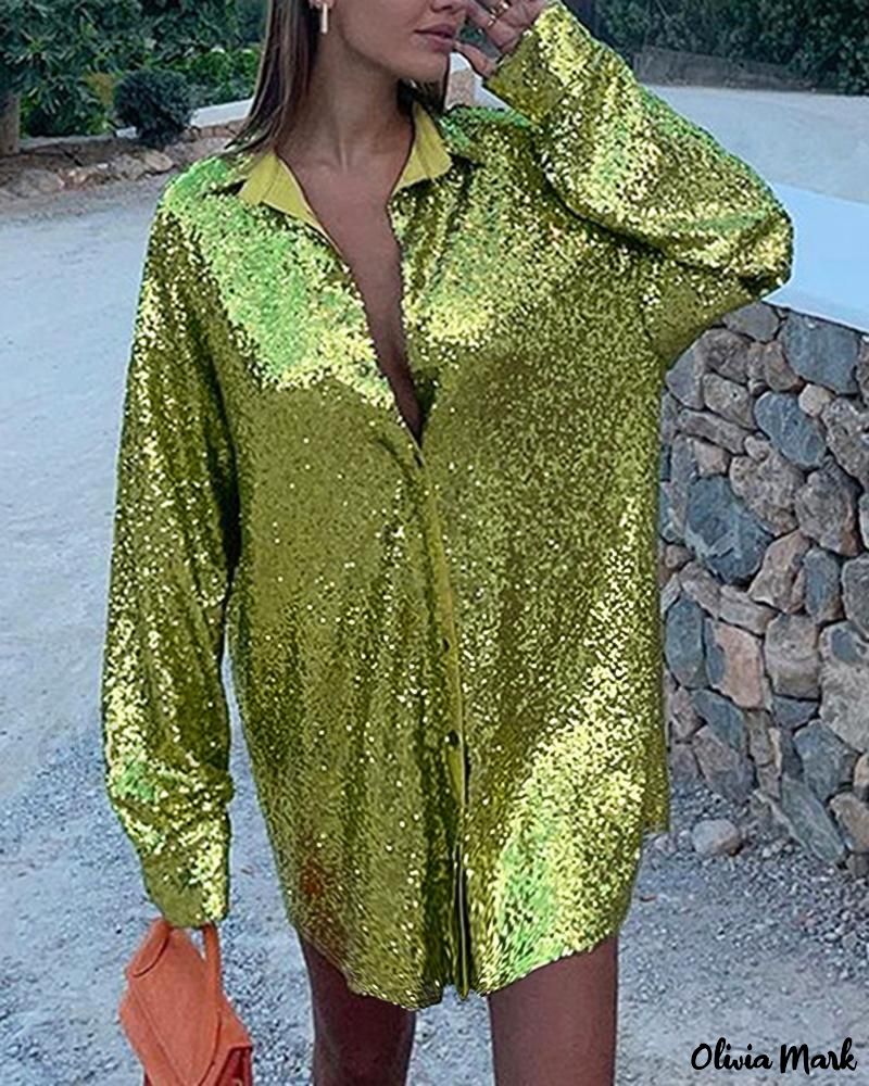 Deanwangkt - Stylish Long Sleeve Top with Allover Sequin Detail and Turn-down Collar - Deanwangkt