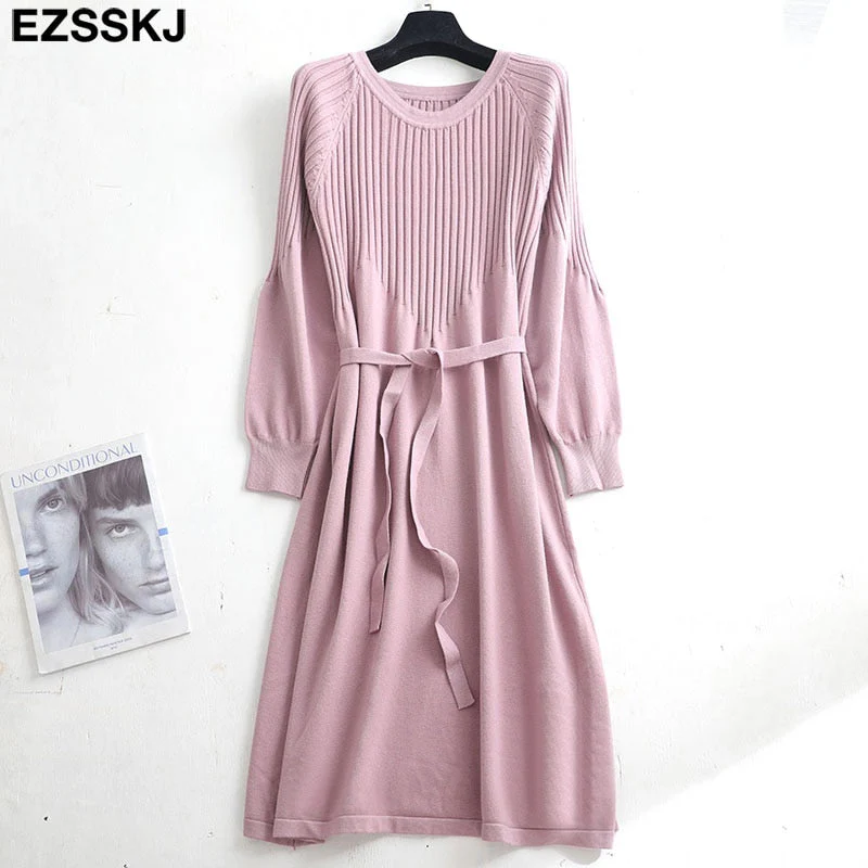 Christmas Gift Deanwangkt autumn winter o-neck midi sweater dress women A-Line midi sweater dress with belt elegant a-line solid loose dress - Deanwangkt