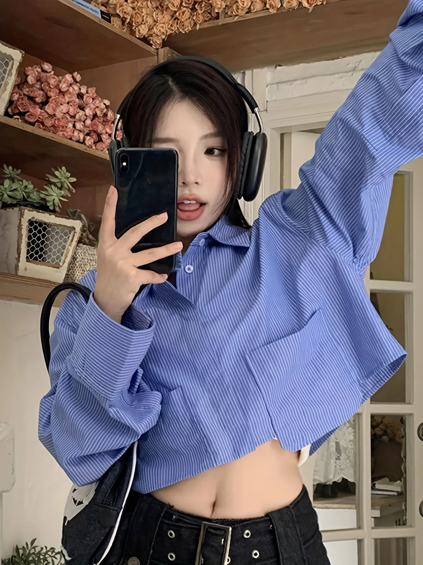 Striped Print Cropped Polo Shirt, Y2K Long Sleeve Pocket Shirt For Spring & Fall, Women's Clothing - Deanwangkt