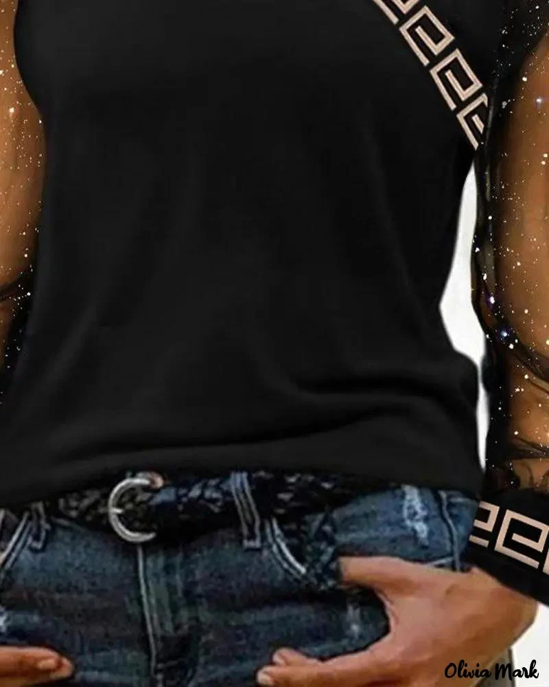 Deanwangkt - Geometric Trim Glitter Sheer Mesh Long Sleeve Top - Deanwangkt