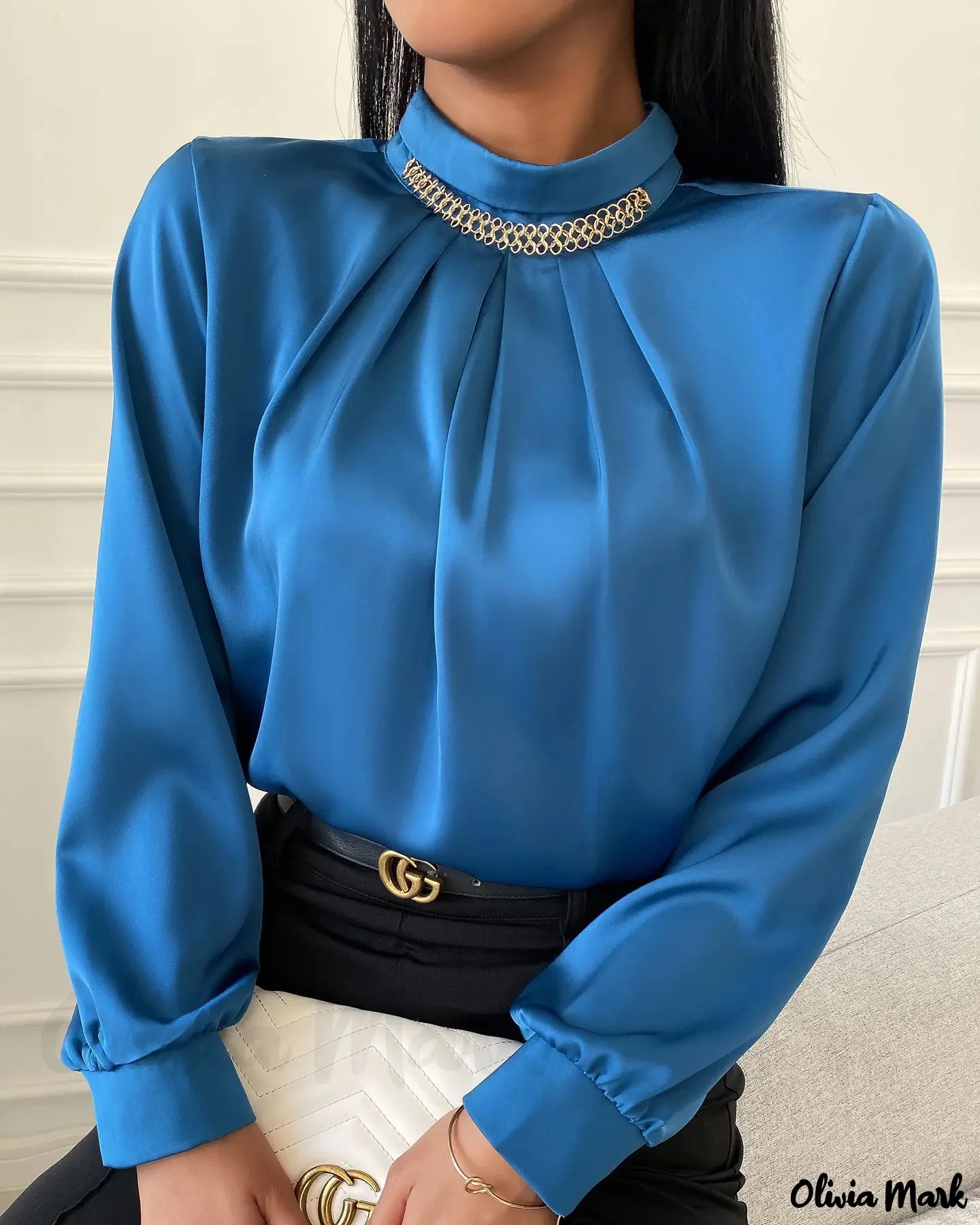Deanwangkt - Plain blouse with stand-up collar and long sleeves - Deanwangkt