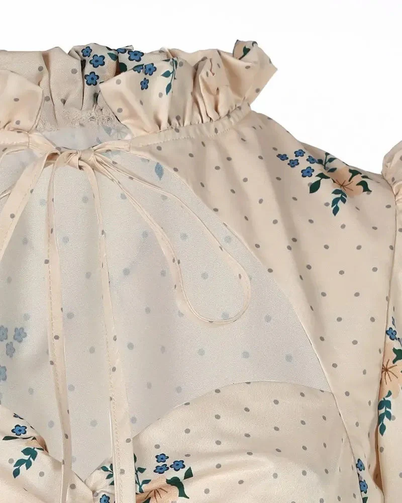 Deanwangkt - Polka Dot Floral Cut-Out Lantern Puff Sleeve Top - Deanwangkt