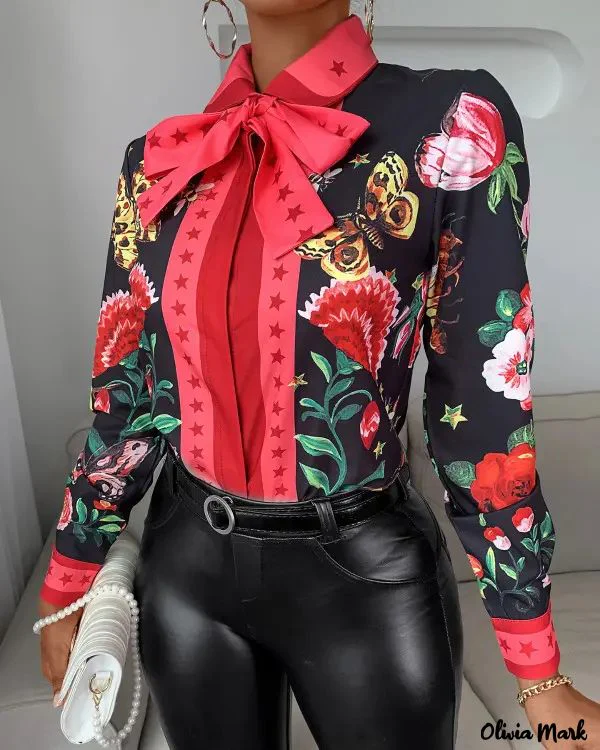 Deanwangkt - Tie Neck Butterfly Print Long Sleeve Top - Deanwangkt