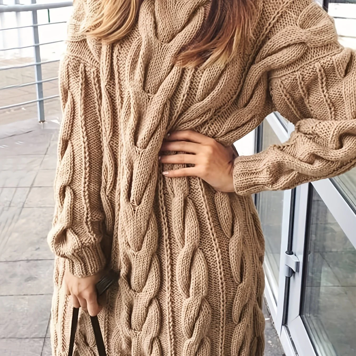 deanwangkt-1 Solid Cable Knit Sweater Dress, Casual High Neck Long Sleeve Dress, Women's Clothing - Deanwangkt