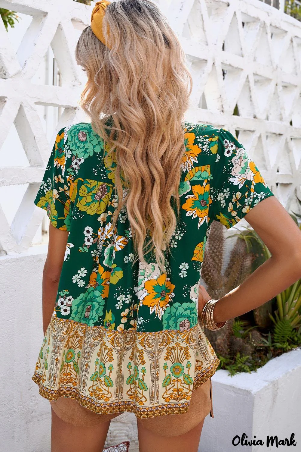 Deanwangkt - Green Bohemian Floral Print Short Sleeve Blouse - Deanwangkt
