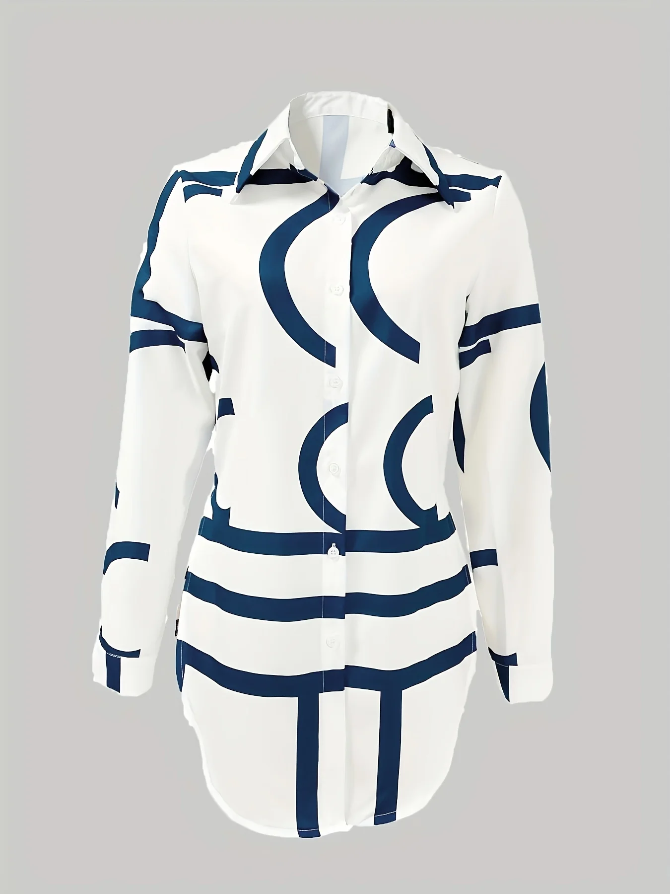 Geo Print Button Front Shirt, Dipped Hem Long Sleeve Shirt For Spring & Fall, Women's Clothing - Deanwangkt