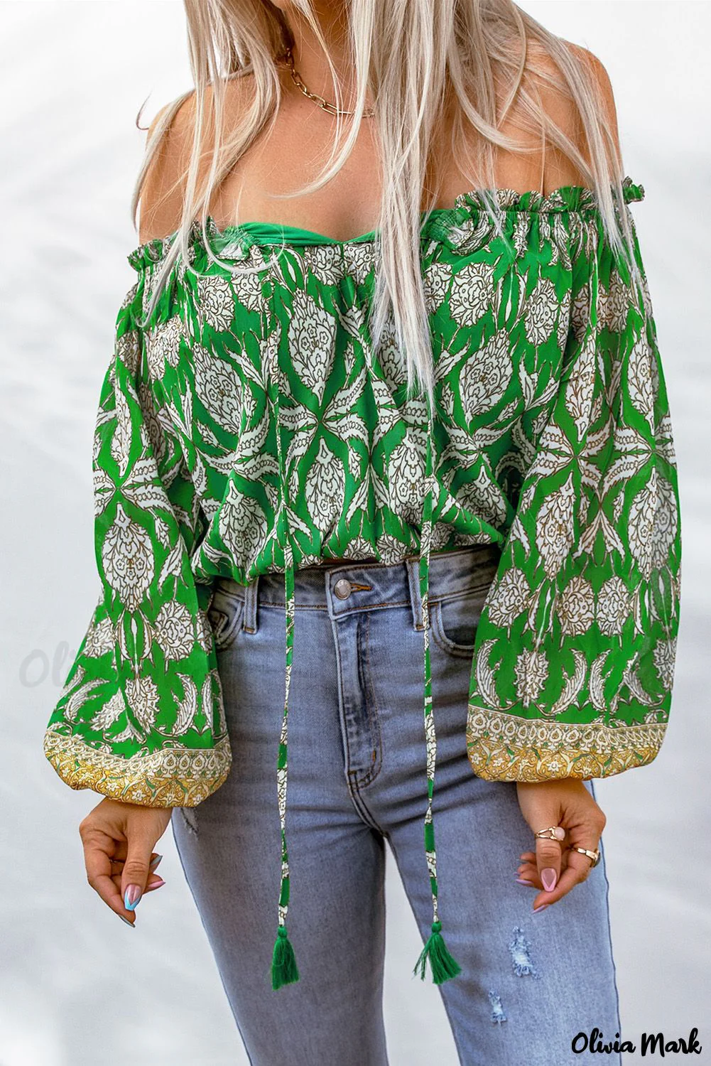 Deanwangkt - Green Floral Print Tie Shoulder Blouse - Deanwangkt