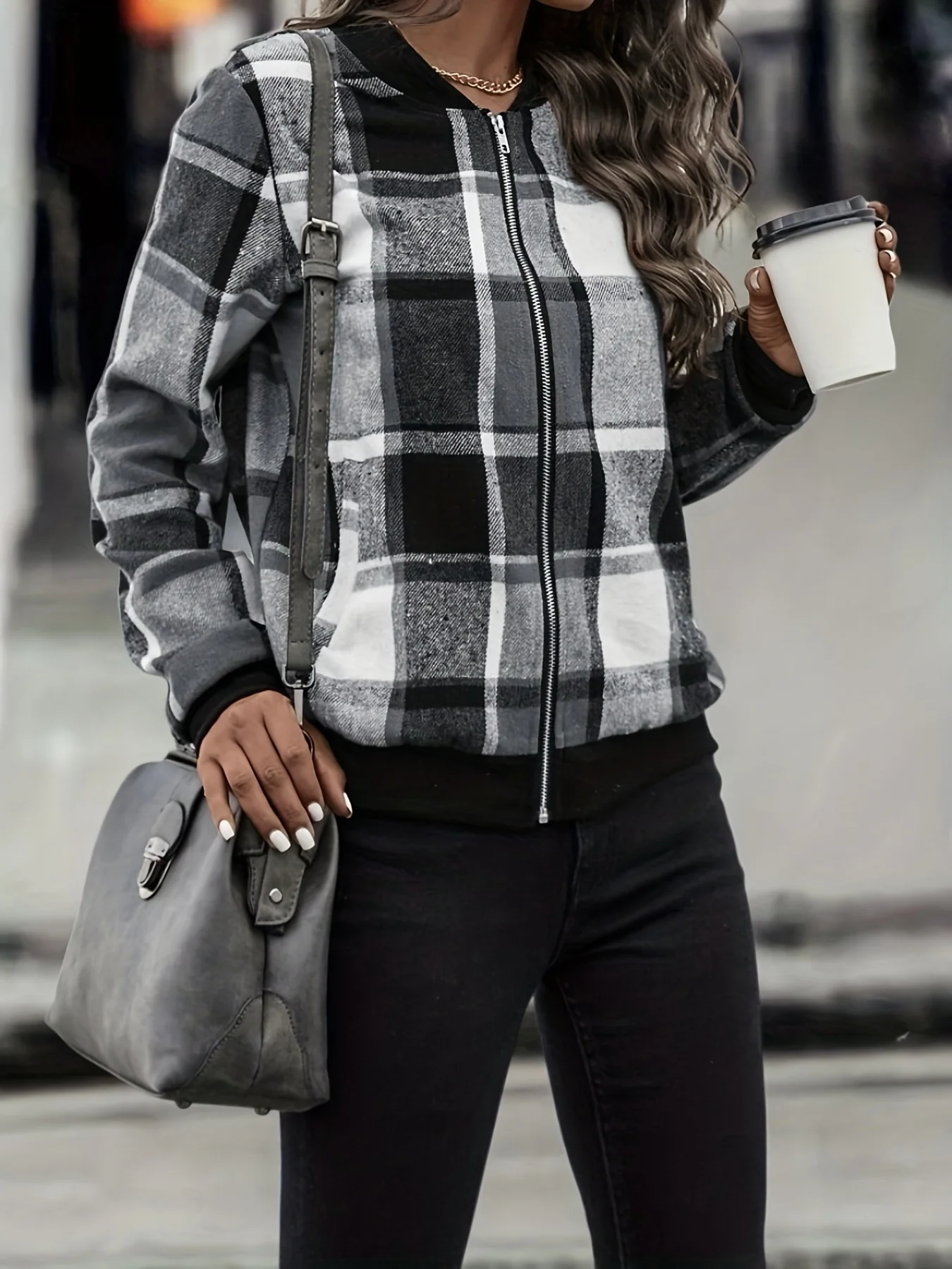 deanwangkt-1  Plaid Print Bomber Jacket, Casual Zip Up Long Sleeve Outerwear, Women's Clothing - Deanwangkt