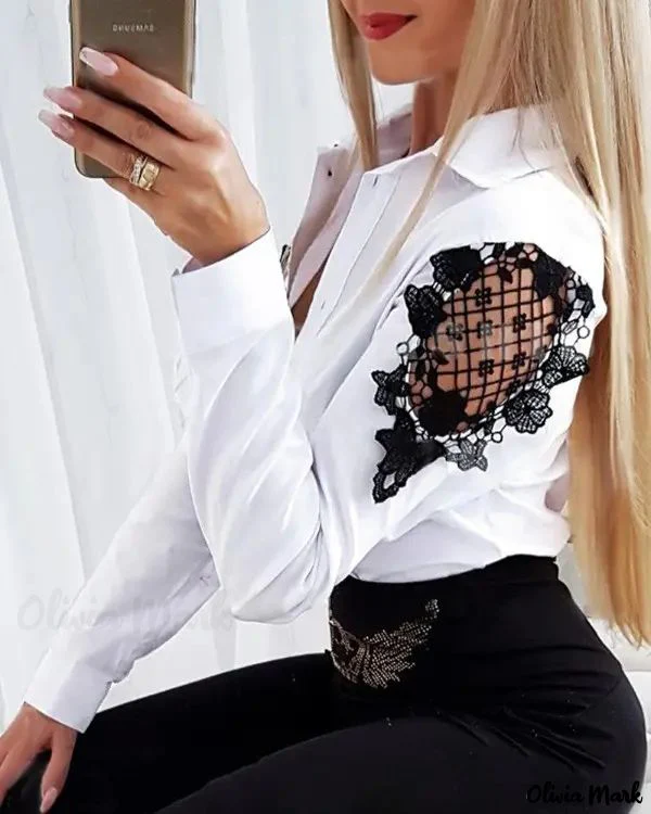 Deanwangkt - Womens Contrast Lace Long Sleeve Button-Up Blouse - Deanwangkt