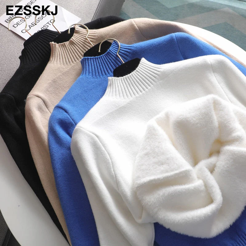 Christmas Gift Deanwangkt Autumn winter cashmere basic warm Sweater velvet Pullovers Women female fur thick Turtleneck sweater knit Jumpers top - Deanwangkt