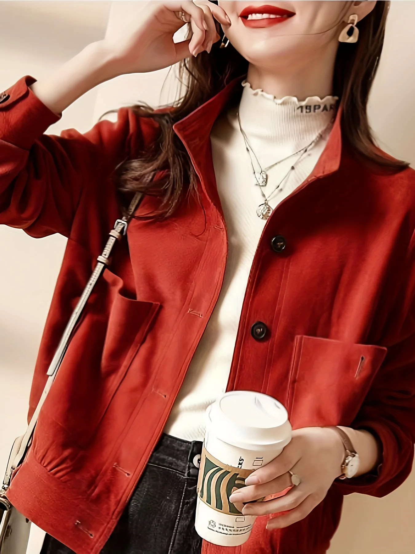 Button Front Solid Jacket, Casual Mock Neck Long Sleeve Outerwear, Women's Clothing - Deanwangkt