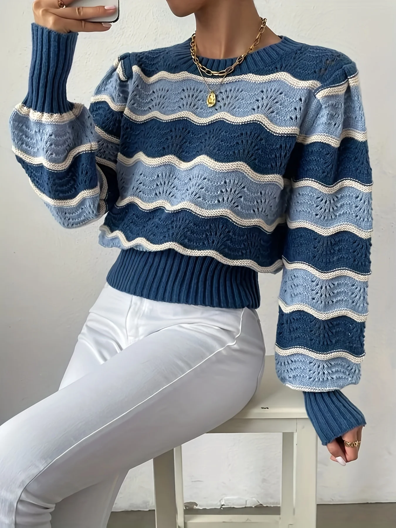 deanwangkt-1  Color Block Striped Pointelle Knit Sweater, Casual Lantern Sleeve Fashion Sweater For Spring & Fall, Women's Clothing - Deanwangkt