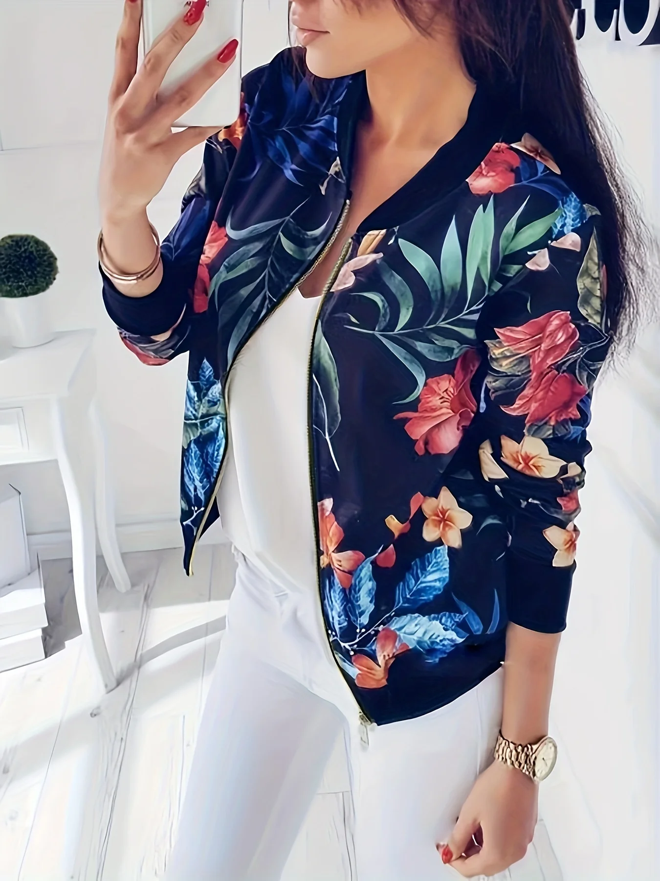 deanwangkt-1  Floral Print Zip Up Jacket, Casual Long Sleeve Jacket For Spring & Fall, Women's Clothing - Deanwangkt