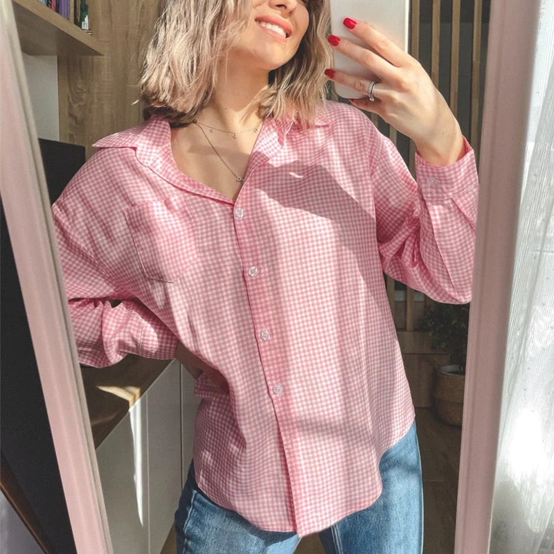 Christmas Gift  New Deanwangkt Women Spring Summer Blouse Shirts Plaid Fashionable Checkered Oversize Buttons Wild Sweet Pink Tops BL1023 - Deanwangkt