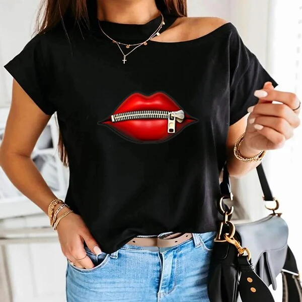 Deanwangkt New Summer Fashion Shirt Lips Short Sleeve  T Shirt Women Tops Base O-neckBlack Tees Kiss Leopard Lip Funny Girls - Deanwangkt