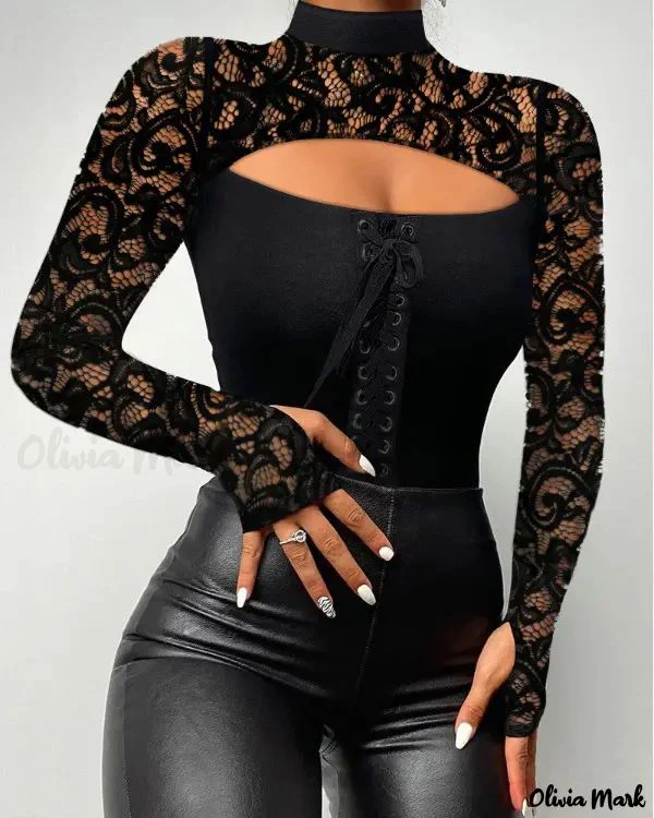 Deanwangkt - Eyelet Lace-Up Contrast Lace Long Sleeve Top - Deanwangkt