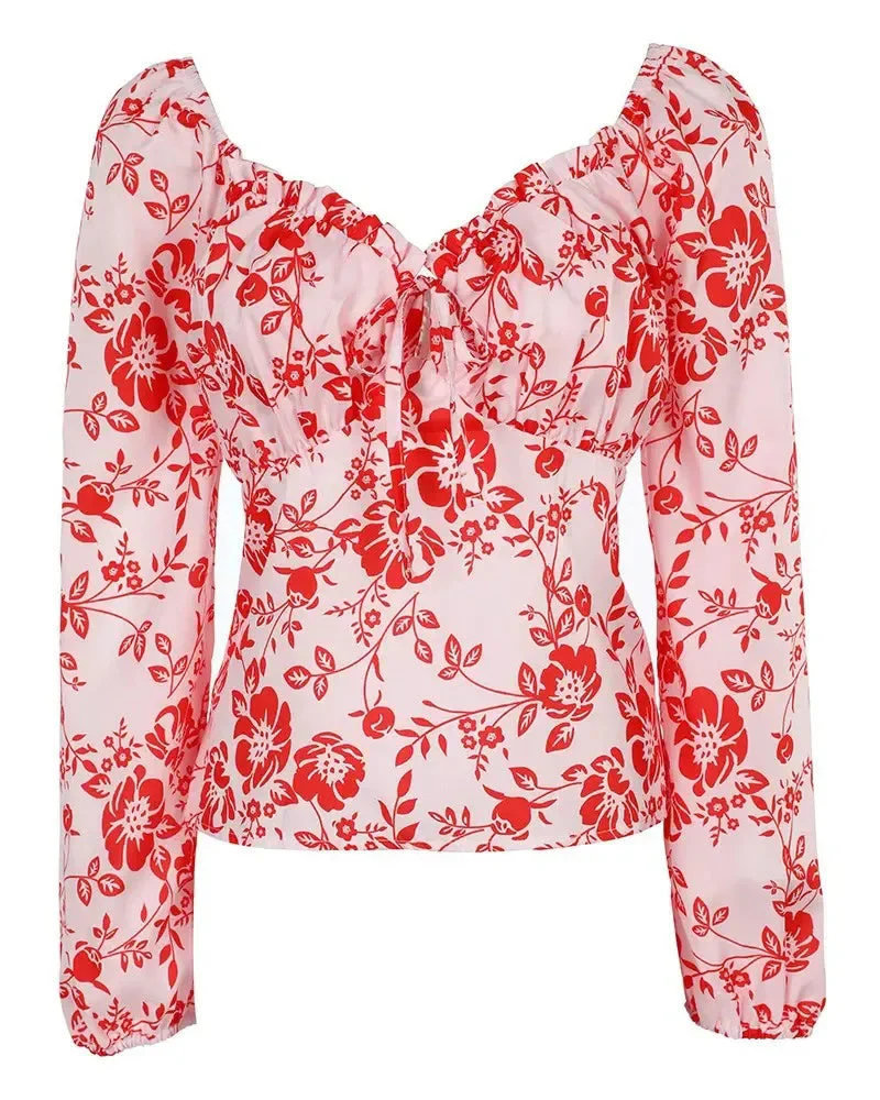 Deanwangkt - Floral print top with puff sleeves and ruffled hem - Deanwangkt
