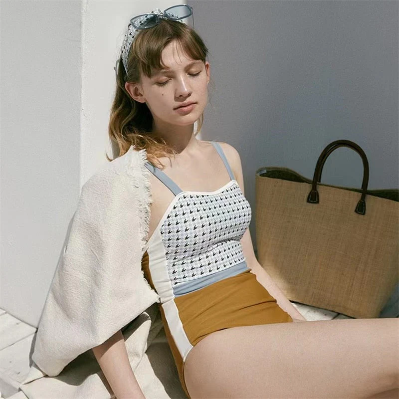 Back To School outfits One Piece Swimsuit Women Plaid Print Swimwear High Waist Monokini Sexy Backless Bathing Suit Female Padded Beachwear - Deanwangkt