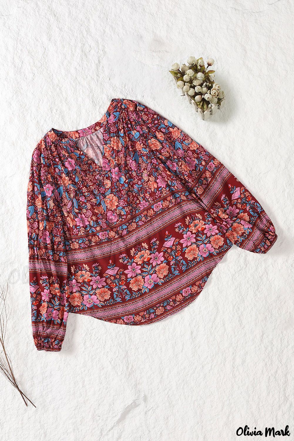 Deanwangkt - Floral Print V-Neck Long Sleeve Blouse - Deanwangkt