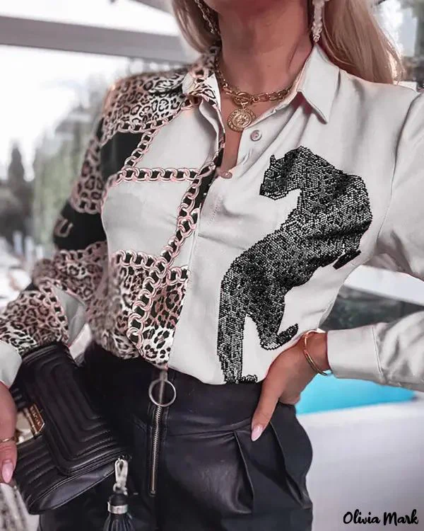 Deanwangkt - Cheetah Chain Print Colourblock Long Sleeve Shirt - Deanwangkt