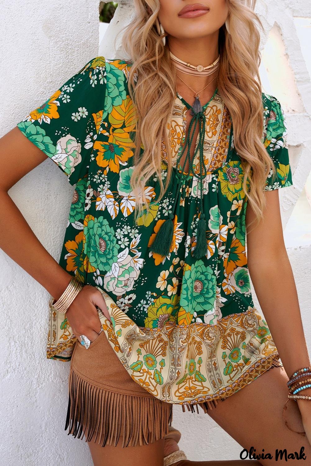 Deanwangkt - Green Bohemian Floral Print Short Sleeve Blouse - Deanwangkt