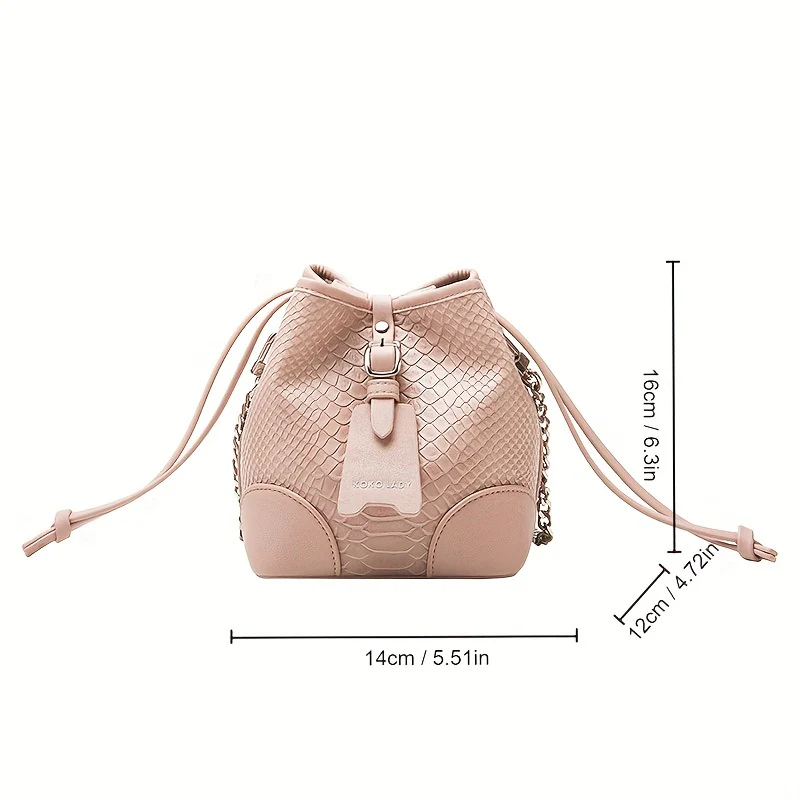Snakeskin Embossed Bucket Bag For Women, Trendy PU Leather Handbag, Drawstring Crossbody Purse With Chain Strap - Deanwangkt