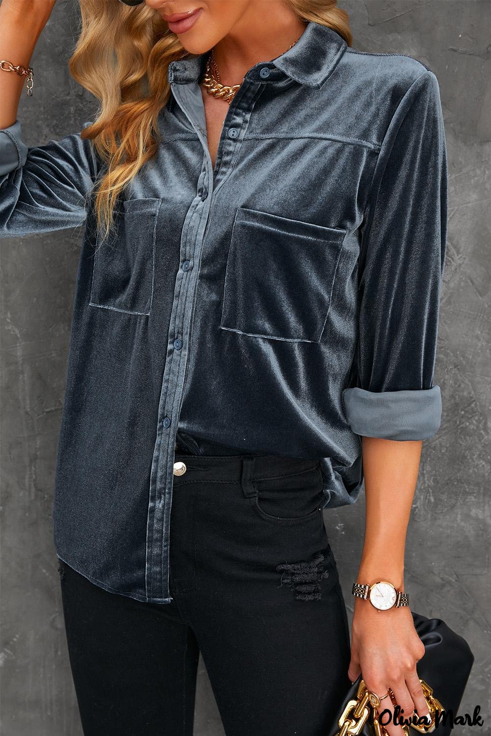Deanwangkt - Navy Velvet Button Pocket Long Sleeve Shirt - Deanwangkt