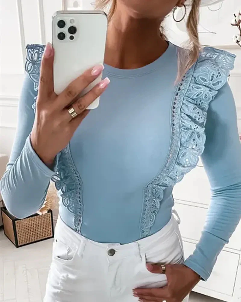 Deanwangkt - Eyelet Embroidered Long Sleeve Top with Ruffle Hem - Deanwangkt