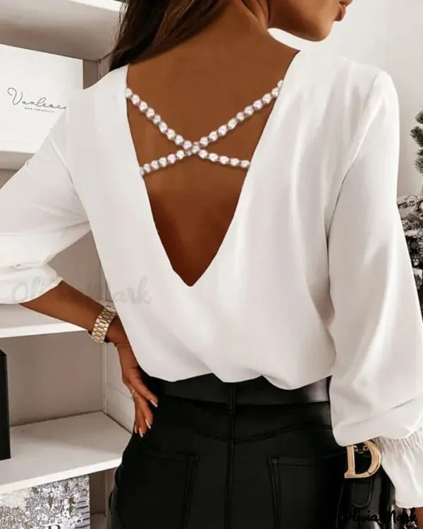 Deanwangkt - Long sleeve V-back top with criss-cross bead decor - Deanwangkt